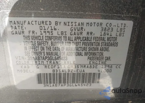 2016 Nissan Sentra Fe+ S/S/Sl/Sr/Sv z USA, uszkodzony, nr VIN 3N1AB7AP3GL645423